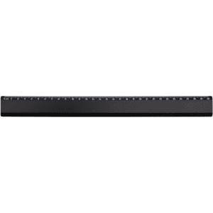 A black ruler with measurement markings along its length and a branded logo.