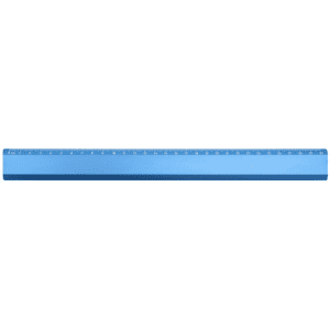 A blue ruler with measurement markings and a smooth finish, featuring a logo on one side.