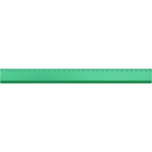 A green ruler with marked measurements, featuring a simple design and a branding logo.