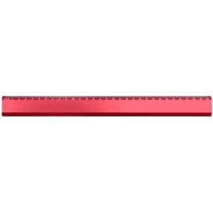 A red ruler with measurement markings, featuring a smooth finish and a logo.