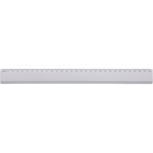 A grey ruler with measurement markings, featuring a smooth surface and a branding logo.