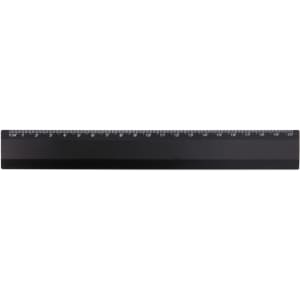 A black ruler with measurement markings, featuring a logo on one side.