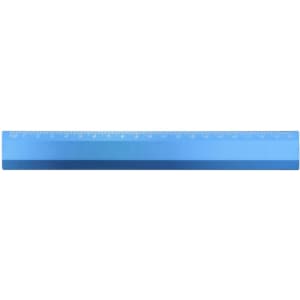 A blue ruler featuring measurements along one edge and a logo on the surface.