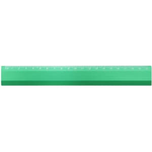 A green plastic ruler with measurement markings along one edge and a logo on one side.