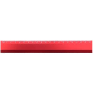 A red ruler with measurement markings and a logo. Suitable for office and business use.