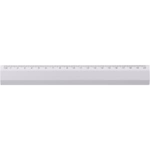 A clear plastic ruler in white, featuring measurement markings up to 20cm, with a simple design and a logo.