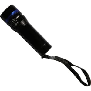 A flashlight in black with a blue accent, featuring a wrist strap for easy handling.