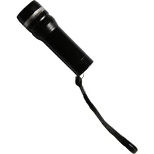 A black flashlight with a textured surface and a wrist strap attached. It features a sleek design for portability.