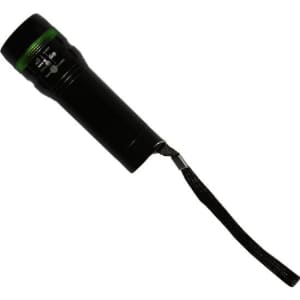 A black flashlight featuring a green accent and a wrist strap for easy handling.