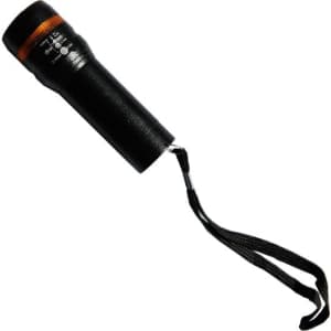 A black flashlight with an orange band, featuring a wrist strap for easy carrying.