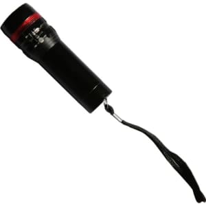 A black flashlight with a red accent, featuring a wrist strap for easy handling.