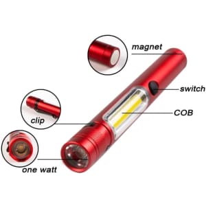 A red torch with a magnet, clip, switch, and a COB light section. Features a one-watt bulb.