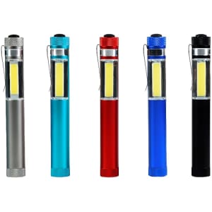 A collection of five LED flashlights in silver, teal, red, blue, and black, each featuring a clip and transparent body.