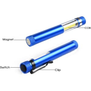 A blue portable flashlight with a magnetic base, clip, and a transparent section revealing the light source.