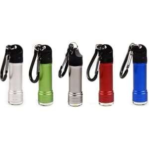 A collection of five torchlights in silver, green, black, red, and blue, each with a carabiner attachment.
