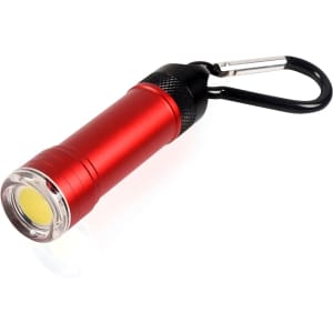 A red flashlight with a black carabiner clip and a clear lens, featuring a round light at the front.