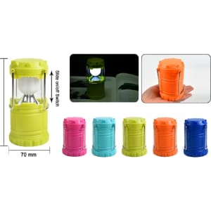 A colourful lantern in yellow, pink, green, blue, and turquoise, featuring a side on/off switch and a handle.