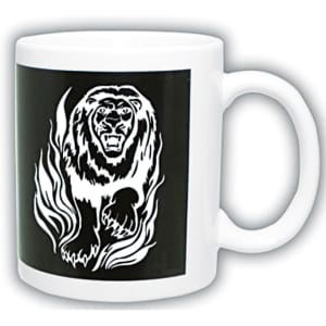 A white coffee mug featuring a black design of a roaring lion amidst stylised flames. It has a logo.