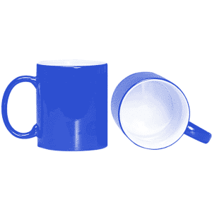 A blue coffee mug with a contrasting white interior and a handle, featuring a smooth, glossy finish.
