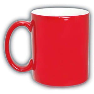 A red coffee mug with a smooth finish and a curved handle. It features a white interior.