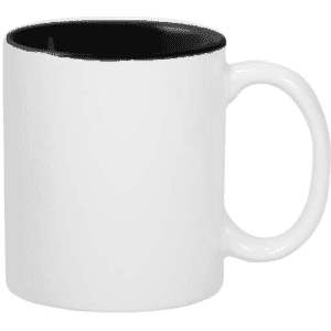 A drink mug with a white exterior and a black interior. It features a handle and has a smooth finish.
