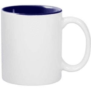 A white coffee mug with a navy blue inner rim and a sturdy handle. The mug has no visible branding.