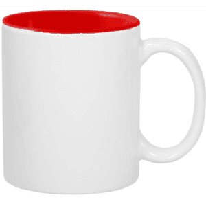 A drink bottle with a white exterior and a red interior, featuring a handle and a smooth finish.