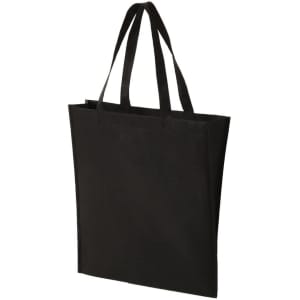 A black non-woven tote bag with two sturdy handles and a branded logo.