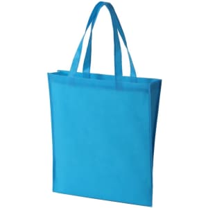 A blue non-woven tote bag with two handles and a blank front, featuring a logo.