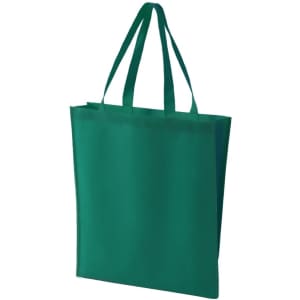 A green non-woven tote bag with two handles and a simple design. It features a logo on one side.