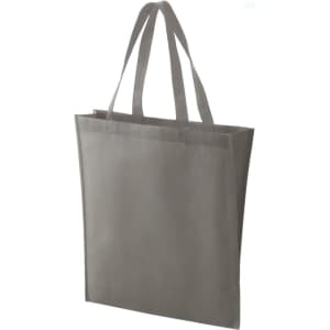 A grey non-woven tote bag with two sturdy handles and a simple design. It features a logo on one side.
