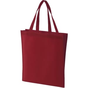 A red non-woven tote bag with two sturdy handles and a simple, clean design. It features a logo.