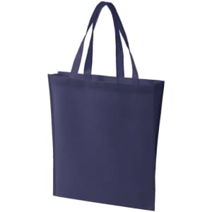 A navy blue non-woven tote bag with two handles and a simple design, featuring a logo.