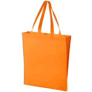 An orange non-woven tote bag featuring two handles and a simple design. It includes a logo on the side.