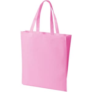 A pink non-woven tote bag with two handles and a simple design, featuring a logo on one side.