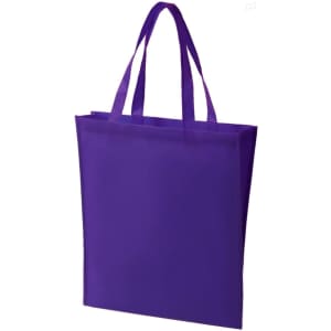 A purple non-woven tote bag with two shoulder straps and a simple design. Features a logo.