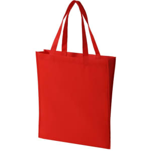 A red non-woven tote bag with two handles and a plain design, featuring a branding logo.
