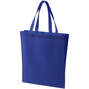 A blue non-woven tote bag with two handles and an additional logo on the front.