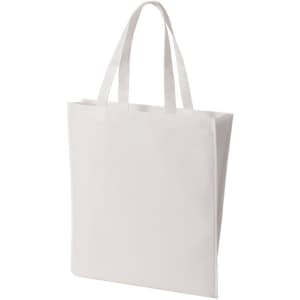 A white non-woven tote bag with two handles and a simple design, featuring a logo.