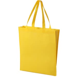 A yellow non-woven tote bag with two handles and a simple design, featuring a logo on one side.