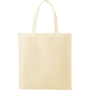 A plain cream non-woven tote bag with twin handles and a simple design. It features a logo on one side.