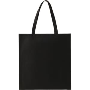 A black non-woven tote bag with two handles and a logo. The bag is simple and spacious.
