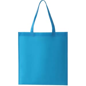 A blue non-woven tote bag with two handles and a blank surface, featuring a logo.