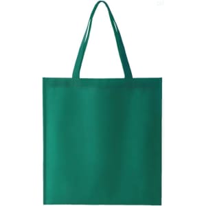 A green non-woven tote bag with two handles and a blank surface, featuring a logo.