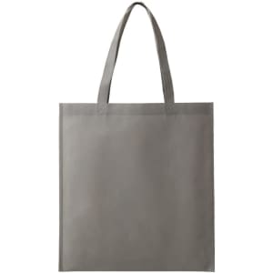 A grey non-woven tote bag with two sturdy handles and a simple design. It features a logo.