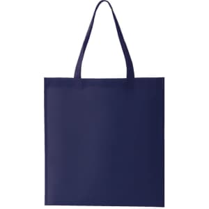 A navy blue non-woven tote bag with two handles and a blank surface. It features a logo.