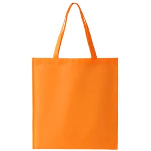 An orange non-woven tote bag with two handles and a simple design. It has a logo on one side.
