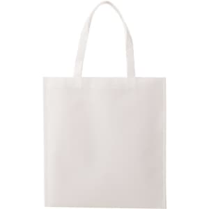 A white non-woven tote bag with two handles and a blank design, featuring a visible logo.