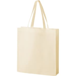 A beige non-woven tote bag with two handles and a simple design, featuring a logo.