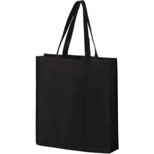 A black non-woven tote bag with two sturdy handles, featuring a logo on one side.